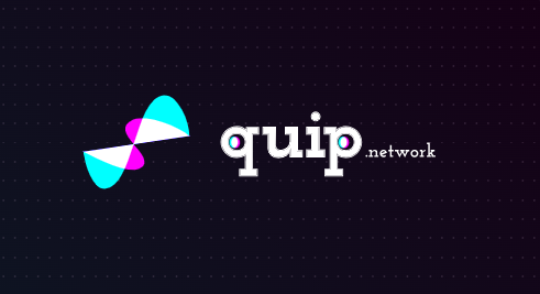 The image features a logo for Quip Network that includes a pink bow with blue dots above it. The text "quip network" is written below the bow, indicating the company's name or brand. The background of the image is black, which contrasts with the white letters and the pink bow. The overall design suggests a connection to technology and innovation, as indicated by the use of the pink bow and blue dots above it.