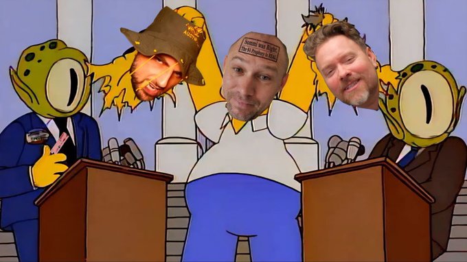 The image features a cartoon depiction of three men dressed in suits, with one man wearing a hat that has a sticker on his head. They are seated at a desk or podium, which suggests they might be participating in a formal event or gathering. The background is white and blue, providing a contrast to the colorful characters. The caption "PulseChain Grand Reveal" implies that this image was created for a promotional purpose related to a product or service.