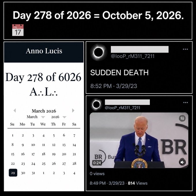 A digital graphic featuring text stating 'Day 278 of 2026 = October 5, 2026', a calendar, and two social media posts dated 3/29/23, one showing a man at a podium labeled 'BRICS' and another simply reading 'SUDDEN DEATH'.