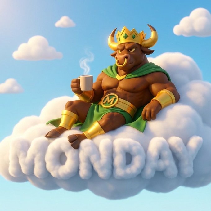A 3D-rendered illustration of a muscular bull character wearing a green cape, golden crown, and an 'M' belt buckle, sitting on a cloud made of letters spelling 'MONDAY' while holding a steaming cup.
