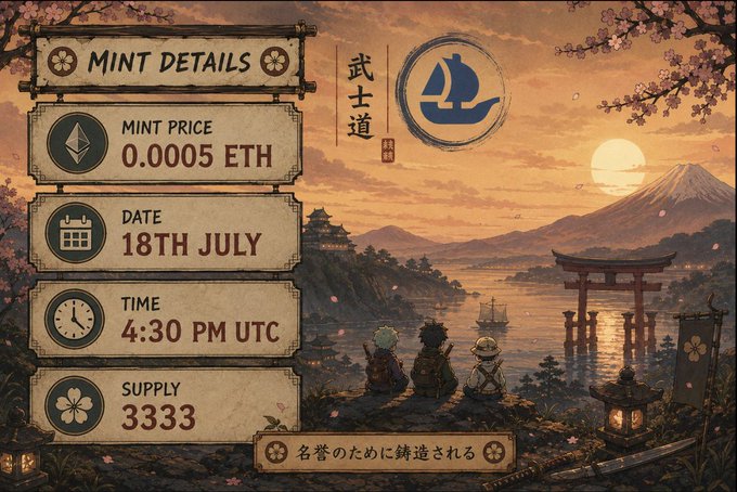 An advertisement graphic showcasing "MINT DETAILS" for the TSUYAN NFT collection, featuring a scenic Japanese landscape with three characters overlooking a sunset, Mt. Fuji, and a torii gate. The image highlights the mint details: Price 0.0005 ETH, Date 18th July, Time 4:30 PM UTC, and Supply 3333, aligning with the post's information about the upcoming mint event with guaranteed spots for retweeters.