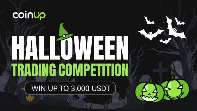 A Halloween-themed promotional banner for "coinup" advertising a "HALLOWEEN TRADING COMPETITION" with the chance to "WIN UP TO 3,000 USDT," featuring jack-o'-lanterns, bats, and a spooky graveyard background.