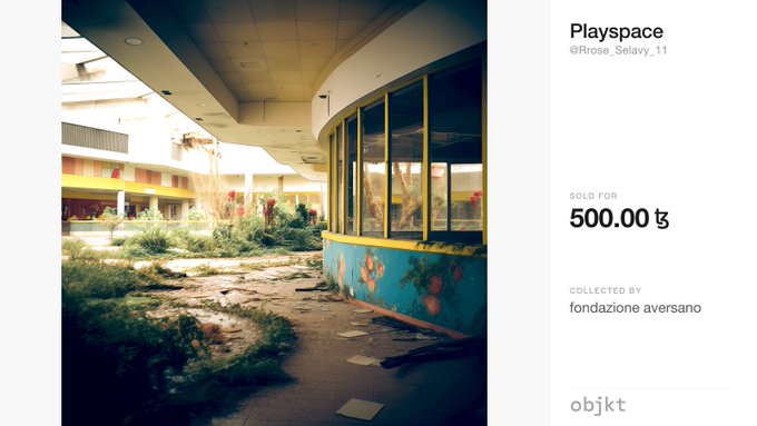 The image showcases an abandoned, overgrown indoor plaza featuring a curved turquoise structure with yellow trim and scattered debris, accompanied by the text "Playspace" by "@Rrose_Selavy_11," noting it was sold for 500.00 ꜩ on objkt.com and collected by fondazione aversano.