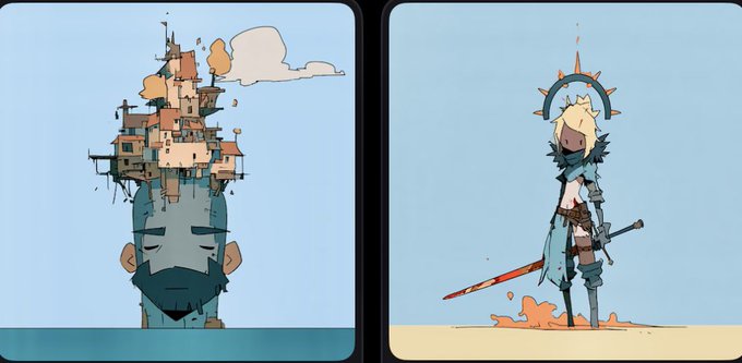 A two-panel digital illustration: the left panel depicts a blue-skinned character with a small village or castle complex built on top of their head, and the right panel shows a blonde anime-style character with a glowing halo, holding a sword, standing in a desert.