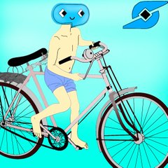 A cartoon illustration of a shirtless figure wearing a blue helmet and purple shorts riding a bicycle underwater against a teal background, with the OpenSea logo in the corner.