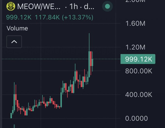A cryptocurrency trading chart for the 'MEOW/WE...' pair showing a price of 999.12K with a daily increase of +13.37% and a visible volume trend.