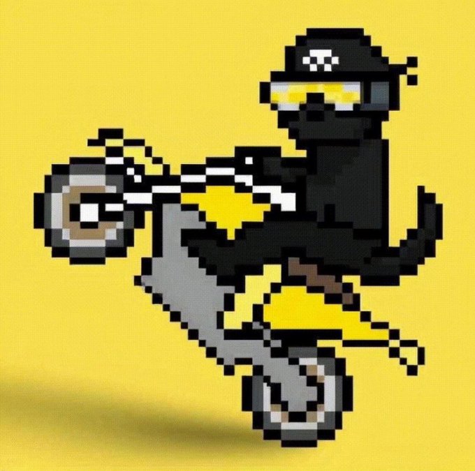 Pixel art of a figure in black attire and yellow sunglasses performing a wheelie on a motorcycle against a bright yellow background.