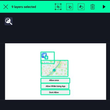 A graphic design editor showing 9 selected layers with an illustration of map pins and permission buttons reading 'Allow once', 'Allow While Using App', and 'Don't Allow'.
