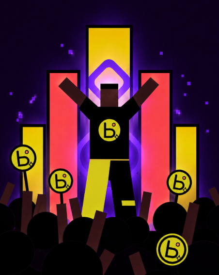 An animated concert scene shows a performer on stage with arms raised in front of a colorful backdrop, while a crowd holds up signs featuring a 'b°' logo.