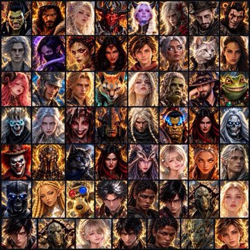 A dense grid collage featuring dozens of fantasy character portraits, likely from video games or role-playing games, showcasing various races, genders, and elaborate costumes.