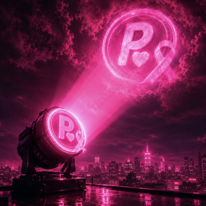 A massive pink spotlight beams into the night sky, projecting a "P" with a heart symbol inside a circle, matching the emblem on the spotlight itself, as it illuminates a dark cityscape below. The vibrant pink beam and heart motif visually capture the "PINK call" from the post, symbolizing a romantic invitation reaching out over the urban skyline.