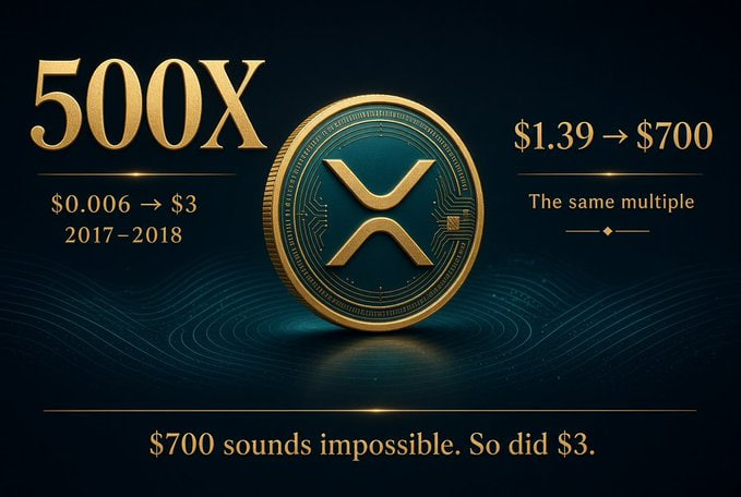 A promotional graphic displays a gold and teal XRP coin centered against a dark blue background, highlighting a "500X" multiplier with historical and projected figures: "$0.006 → $3 (2017–2018)" and "$1.39 → $700 — The same multiple," accompanied by the tagline "$700 sounds impossible. So did $3," reinforcing the post's message that XRP's previous 500x rally from $0.006 to $3 parallels a projected move from $1.39 to $700.