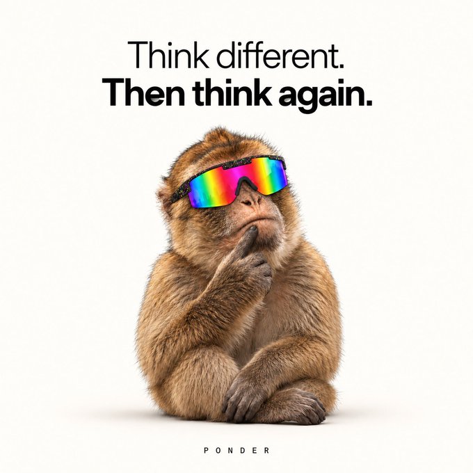 A thoughtful monkey wearing rainbow-tinted sunglasses poses beneath the text "Think different. Then think again." with the word "PONDER" at the bottom.

The image fits the post's message about $PONDER, as the contemplative monkey embodies the "pondering" theme—reinforcing the idea that thoughtful consideration is needed before investing in the $PONS/$SOL pair and $PONDER token.