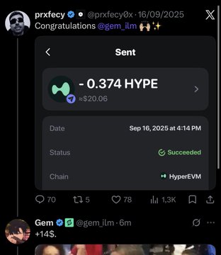 A screenshot of a tweet by prxfecy congratulating @gem_ilm shows a crypto transaction for -0.374 HYPE ($20.06) marked as Succeeded on HypeEVM on Sep 16, 2025.