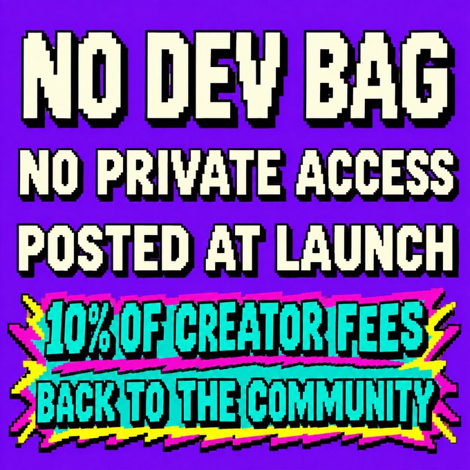 Pixel-art style graphic on purple background stating 'NO DEV BAG, NO PRIVATE ACCESS, POSTED AT LAUNCH' with '10% OF CREATOR FEES BACK TO THE COMMUNITY' highlighted in a burst graphic.