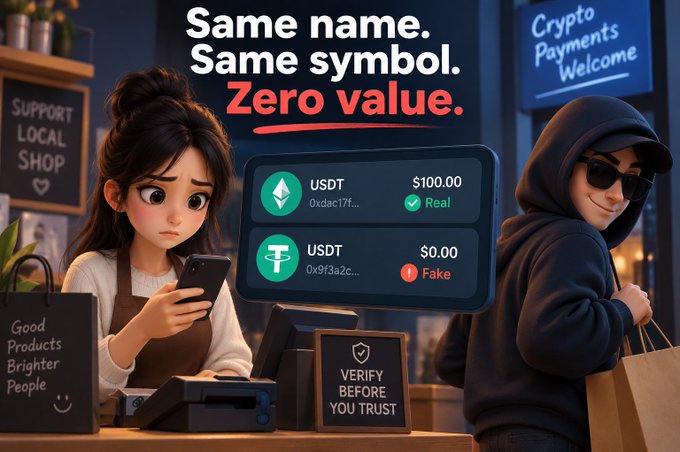 A cartoon illustration warns about cryptocurrency scams, showing a confused shop owner receiving fake USDT while a thief walks away with a shopping bag. The text reads "Same name. Same symbol. Zero value." and contrasts a Real USDT ($100.00) with a Fake USDT ($0.00), with a sign stating "VERIFY BEFORE YOU TRUST" and another offering "Crypto Payments Welcome."