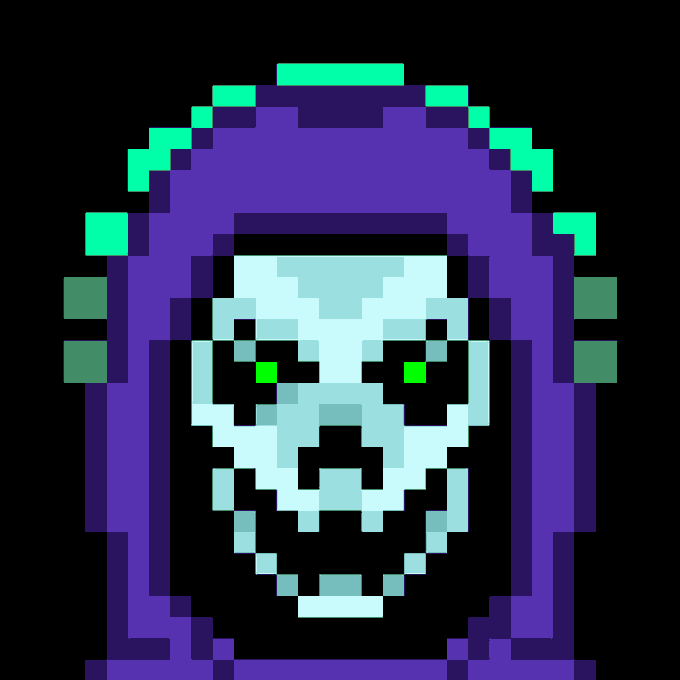 A pixel art image of a hooded skeletal figure with a purple cloak and glowing green eyes against a black background.