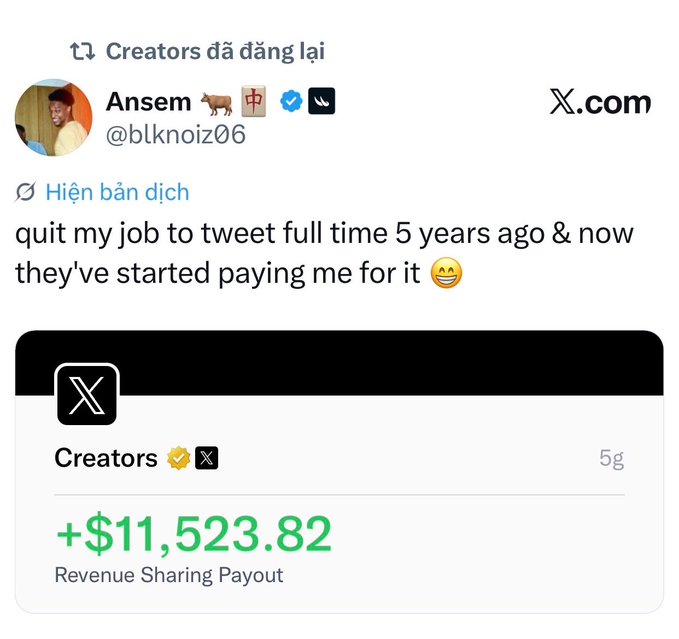 A tweet from Ansem (@btcknoiz06) celebrating quitting his job to tweet full time 5 years ago, showing an X Creator revenue sharing payout of +$11,523.82.