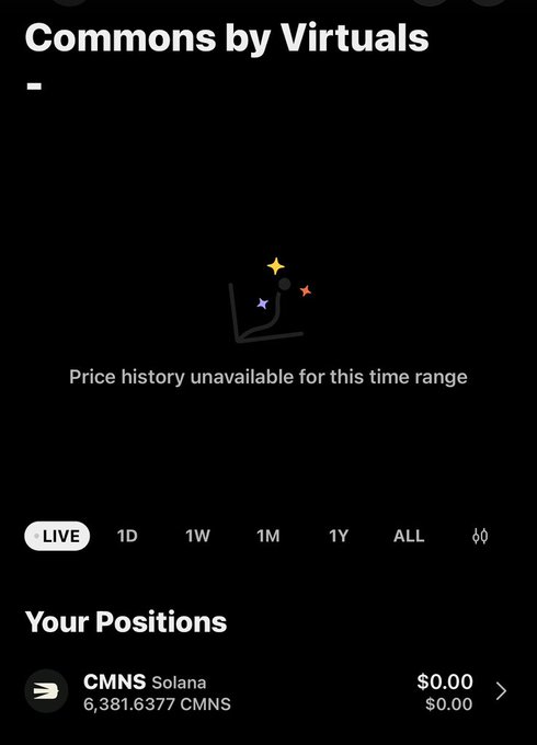 A mobile screenshot shows the 'Commons by Virtuals' (CMNS) token on Solana, displaying 'Price history unavailable for this time range' with a position of 6,381.6377 CMNS valued at $0.00.