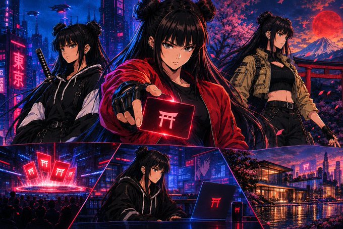 Anime-style illustration featuring a dark-haired female character in a red jacket holding a glowing card with an open character, set against a neon Tokyo cityscape with cherry blossoms and Mt. Fuji, with text "東京" visible.