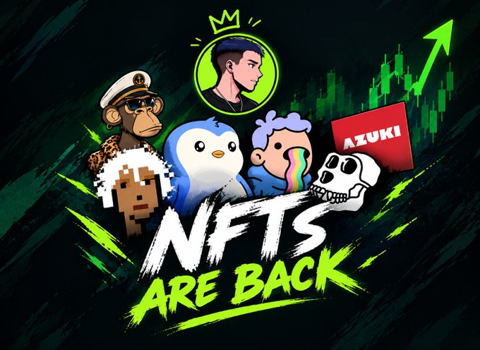 A graphic with the text "NFTS ARE BACK" featuring NFT characters including Bored Ape, Pudgy Penguin, Azuki, Doodles, and a skull logo against a green chart background.