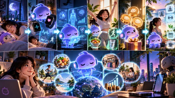 A vibrant anime-style digital illustration collage featuring cute purple robot/ghost characters alongside scenes of young women, fitness, health data, shopping, and a globe network, suggesting a health and lifestyle app or AI concept.