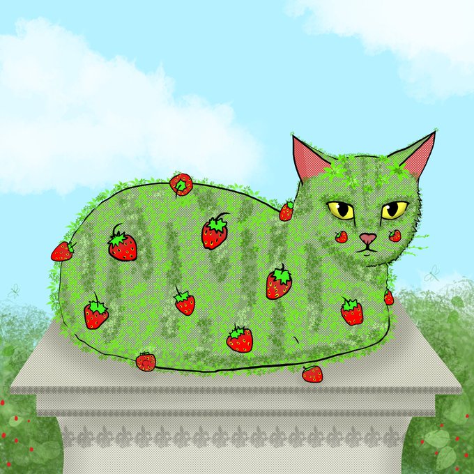 An artistic illustration of a green cat covered in strawberry patterns sitting on a stone pedestal against a light blue sky background.