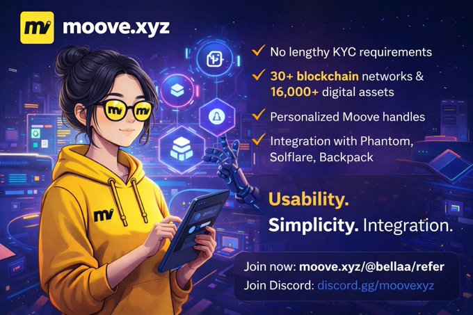 The image features a woman wearing glasses holding a tablet computer while standing against a city skyline backdrop. The text in the image reads "@moovexyz" and "focus on what is in the image and how it relates to the post". This suggests that the image might be related to the Moove platform or an advertisement for the platform, emphasizing its simplicity and ease of use.
