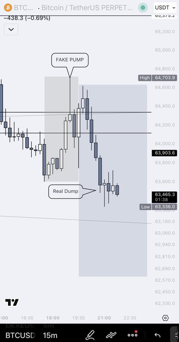 A Bitcoin/TetherUS perpetual contract chart labeled 'BTCUSD 15m' displays candlestick data with annotations pointing to a 'FAKE PUMP' reaching a high of 64,703.9 and a subsequent 'Real Dump' bottoming at 63,336.0, with the price currently at 63,903.6 (-438.3 / -0.69%).