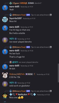 A Discord chat shows multiple users reporting Densho slot wins (e.g., "Nice hit," "I've hit big on that one," "That's a huge hit," "W slot") with wins ranging from 2.50x to 3287x. The transparent win log visible in the channel directly supports the post's claim about MetaWin's verifiable, public tracking of player winnings leading up to its $1M payout deadline.