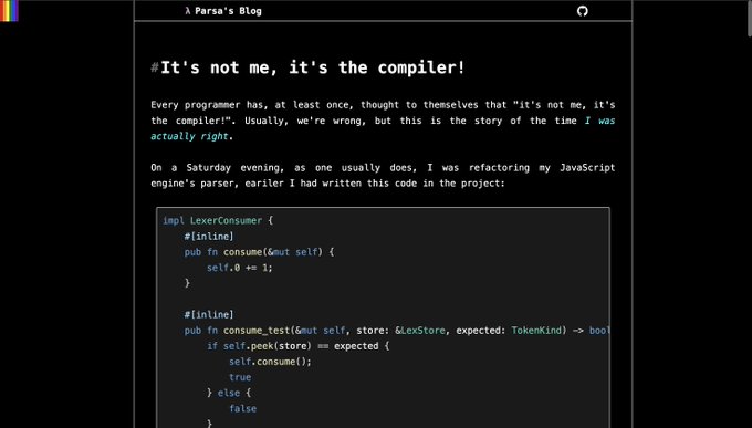 A screenshot of Parsa's Blog titled '#It's not me, it's the compiler!' showing Rust code for a LexerConsumer struct with `consume` and `consume_test` functions.