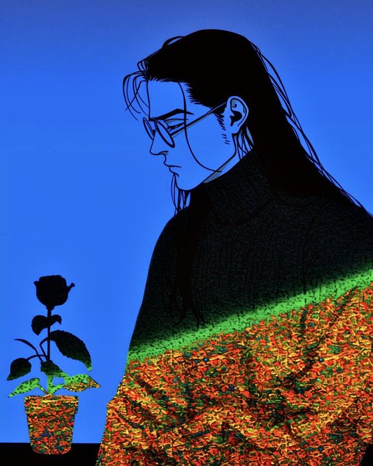 A minimalist illustration of a person with long dark hair and glasses in profile, wearing a dark turtleneck, with a small black rose in a pot and a colorful textured field below.