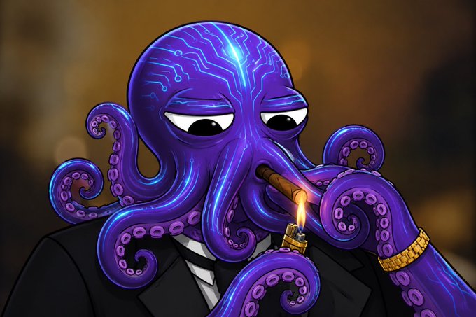 A purple cartoon octopus in a black suit and gold watch calmly lights a cigar, embodying the smug, confident "chad" energy referenced in the post. The relaxed, unbothered demeanor of the character visually reinforces the "GM to all the $CODED chads" vibe, depicting a crypto degen at ease with their holdings.