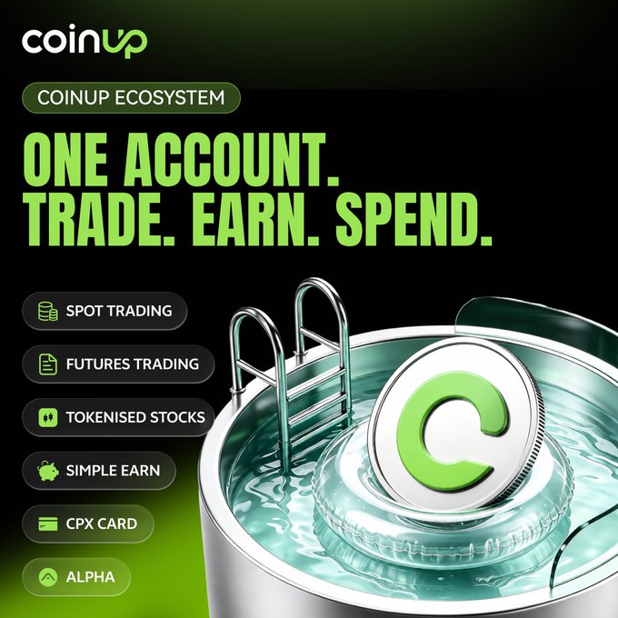 A CoinUp cryptocurrency exchange advertisement with the tagline 'ONE ACCOUNT. TRADE. EARN. SPEND.' listing features like Spot Trading, Futures Trading, Tokenised Stocks, Simple Earn, CPX Card, and Alpha.