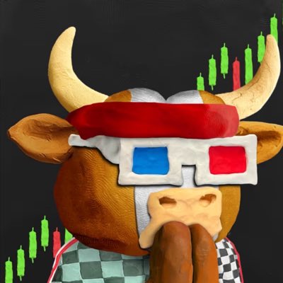 A CryptoPunk-style bull character wearing 3D glasses and a red headband, with a stock candlestick chart in the background.