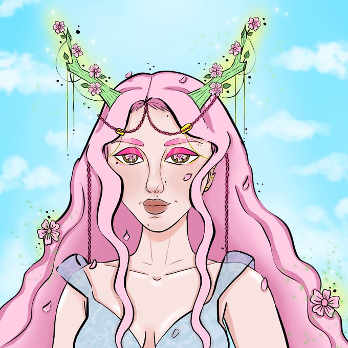 An anime-style illustration of a pink-haired woman with floral horns and green eyes wearing a light blue dress against a blue sky background.