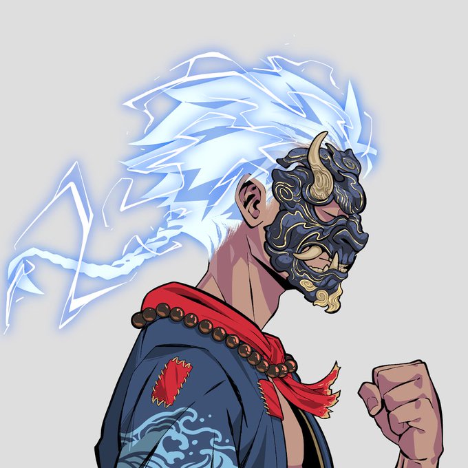 The image features a man with blue hair, wearing a mask that resembles a Shinto deity or a warrior from Japanese mythology. The man appears to be in motion, as he is seen walking towards the camera while holding his fist up in the air. The background of the image is white, which contrasts with the vibrant colors and intricate details of the man's attire and facial features.