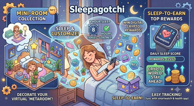 A colorful infographic for 'Sleepagotchi,' a sleep-to-earn NFT game featuring a mini-room collection, 8-hour sleep targets, smartwatch integration, and crypto rewards.
