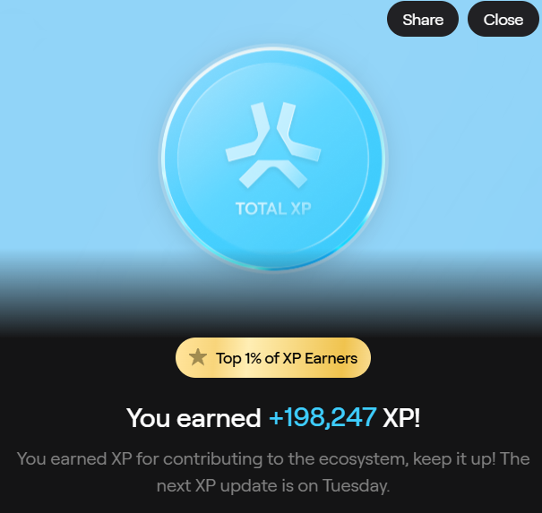 An Abstract app screenshot showing a 'TOTAL XP' achievement, stating 'You earned +198,247 XP!' and recognizing the user as being in the 'Top 1% of XP Earners.'