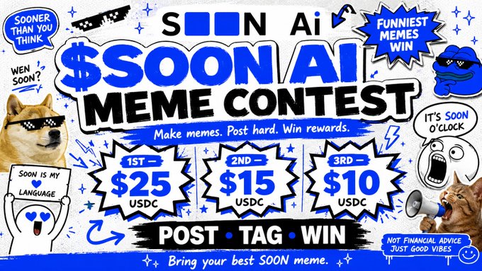 The image features a poster advertising a meme contest, with a dog wearing sunglasses as one of the memes. The poster includes text that reads "SOON AI MEME CONTEST IS LIVE The timeline has been too serious lately. Time to farm some memes. Create your funniest, smartest, or most unhinged meme about SOON AI and compete for rewards." This suggests that the contest is open for submissions of funny, smart, or creative memes related to the theme of SOON AI.