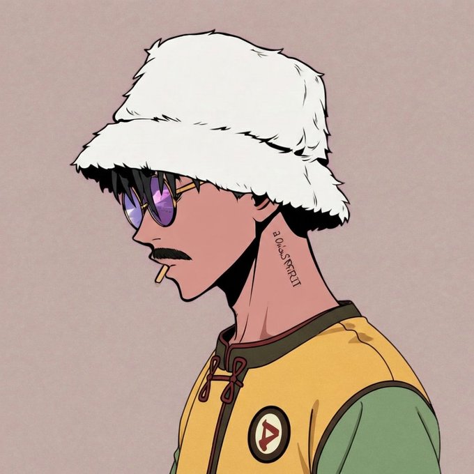 A side-profile anime illustration of a character wearing a fluffy white bucket hat, purple sunglasses, and a yellow and green jacket, smoking a cigarette.