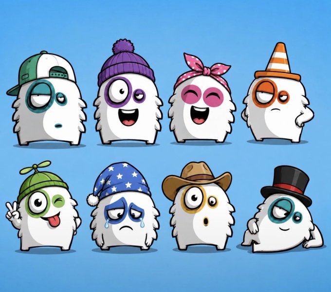 Illustration of eight cartoon ghost-like characters (resembling the Memetic coin mascots) wearing various accessories like hats, glasses, and a bandana.