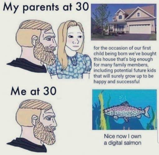 The image is a meme comparing "My parents at 30," who bought a real house for their first child, with "Me at 30," who proudly owns a digital salmon, with text reading "Nice now I own a digital salmon." It humorously contrasts traditional milestone achievements like homeownership with the absurdity of digital NFT ownership, satirizing the modern shift toward valuing virtual assets over tangible life accomplishments.