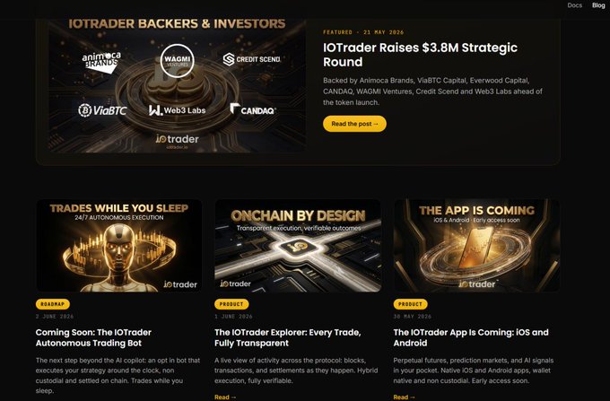 The image displays the website of IOTrader, an online platform for trading various assets like stocks, mutual funds, ETFs, options, and futures. The main focus is a screenshot from their blog that showcases their recent posts related to trading services, including product releases, ecosystem updates, and funding milestones. The blog post highlights several important announcements and mentions the upcoming release of the IOTrader app, which will provide users with real-time asset tracking, analysis, and trading features on their mobile devices.