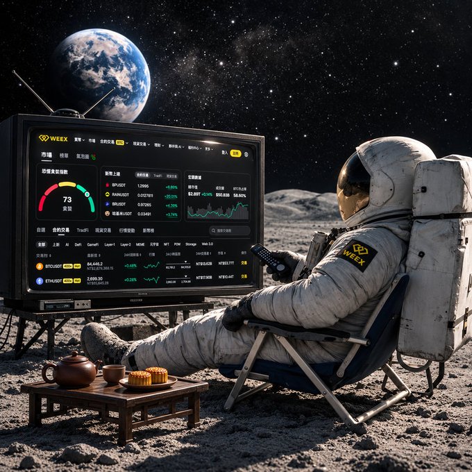 An astronaut in a white WEEX spacesuit sits in a folding chair on the moon's surface, watching WEEX cryptocurrency market data on an old-fashioned TV, with Earth visible in the starry background.