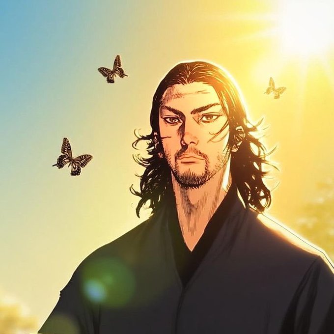 An anime-style illustration of a man with long dark hair and a serious expression, set against a bright sunset sky with butterflies flying around him.