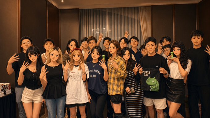 A large group of young people pose together indoors, many waving at the camera; one person wears a shirt reading "CROOKIE BAG" and another wears "CROOKIE CAR" with a green dinosaur graphic.