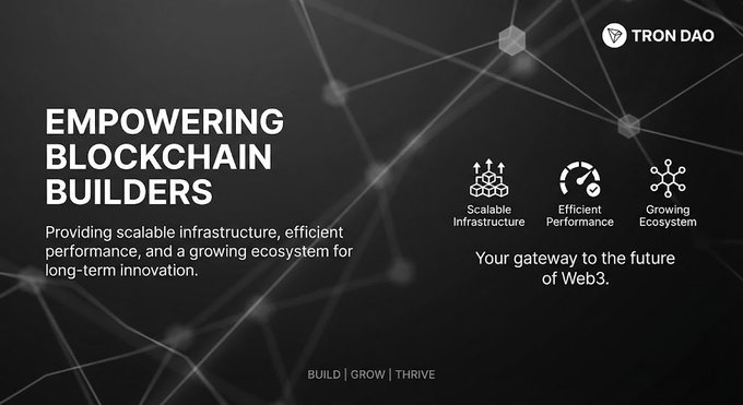 A Tron DAO promotional graphic stating 'EMPOWERING BLOCKCHAIN BUILDERS' with icons for Scalable Infrastructure, Efficient Performance, and Growing Ecosystem.