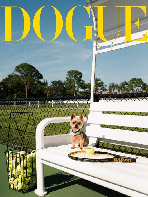 A Vogue magazine cover featuring a small Yorkshire terrier wearing a bandana sitting on a white bench next to a Wilson tennis racket and ball, with a basket of tennis balls nearby on a tennis court.