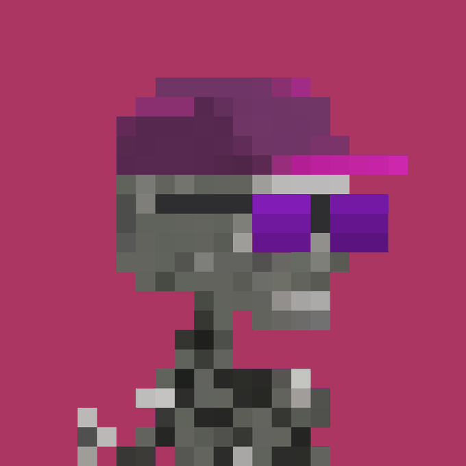 A pixelated, low-resolution digital artwork showing a dark, armored figure with a purple helmet against a solid magenta background.